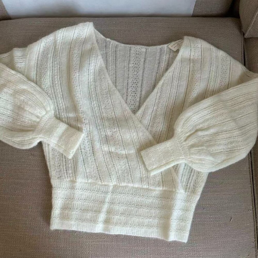 Sezane Cream V‑Neck Ribbed Knit Sweater - Picture 7 of 11